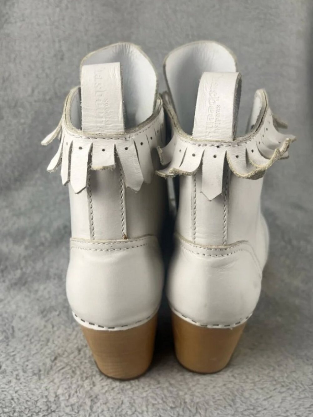 SWEDISH HASBEENS Wood Clog White Leather Kiltie Lace Up Booties 40 - Picture 10 of 16